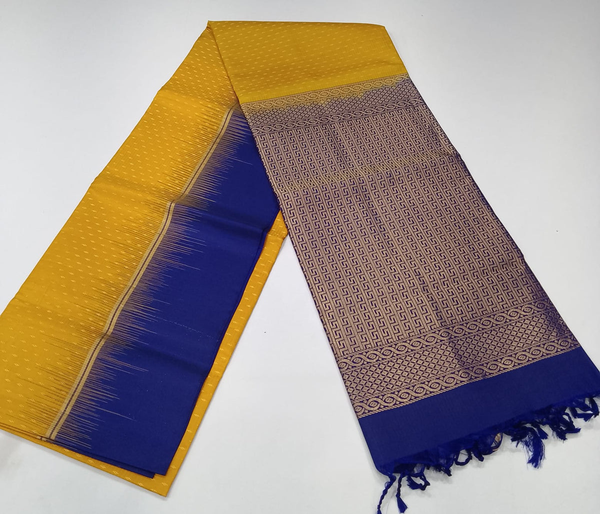 Pure Handloom Soft Silk Saree in Mustard Yellow with Royal Blue Zari Pallu