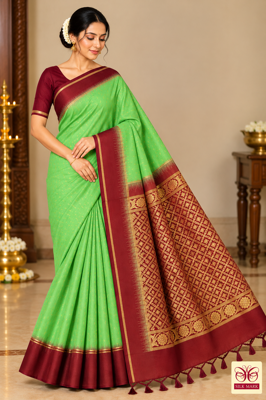 Pure Handloom Soft Silk Saree in Pastel Green with Maroon Zari Pallu