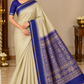 Pure Handloom Soft Silk Saree in Cream Beige with Royal Blue Zari Pallu