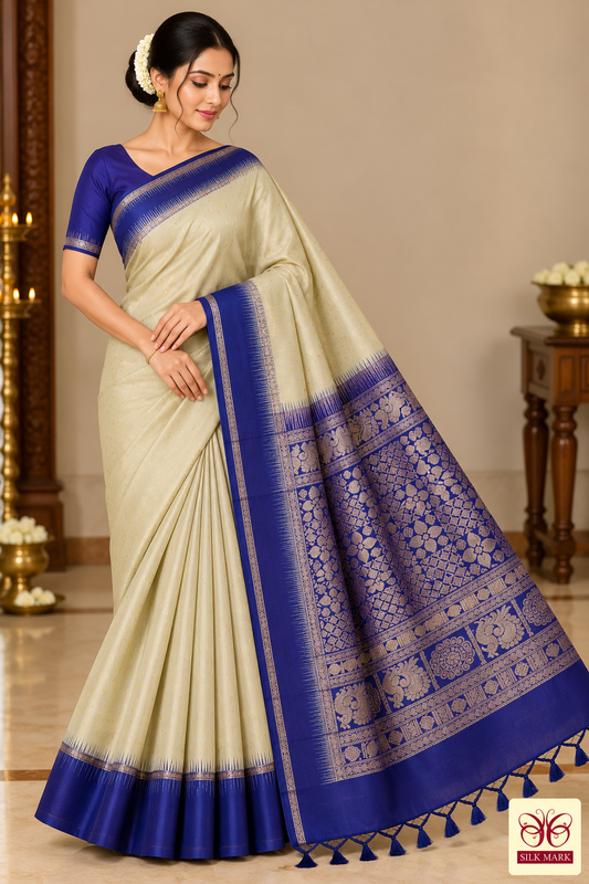 Pure Handloom Soft Silk Saree in Cream Beige with Royal Blue Zari Pallu