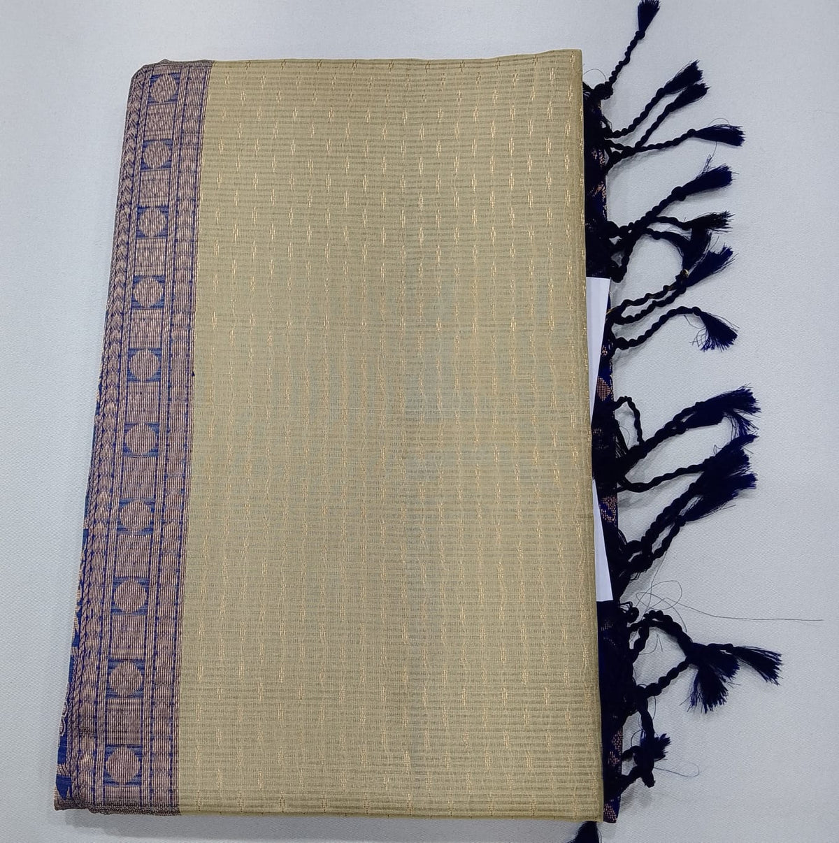 Pure Handloom Soft Silk Saree in Cream Beige with Royal Blue Zari Pallu