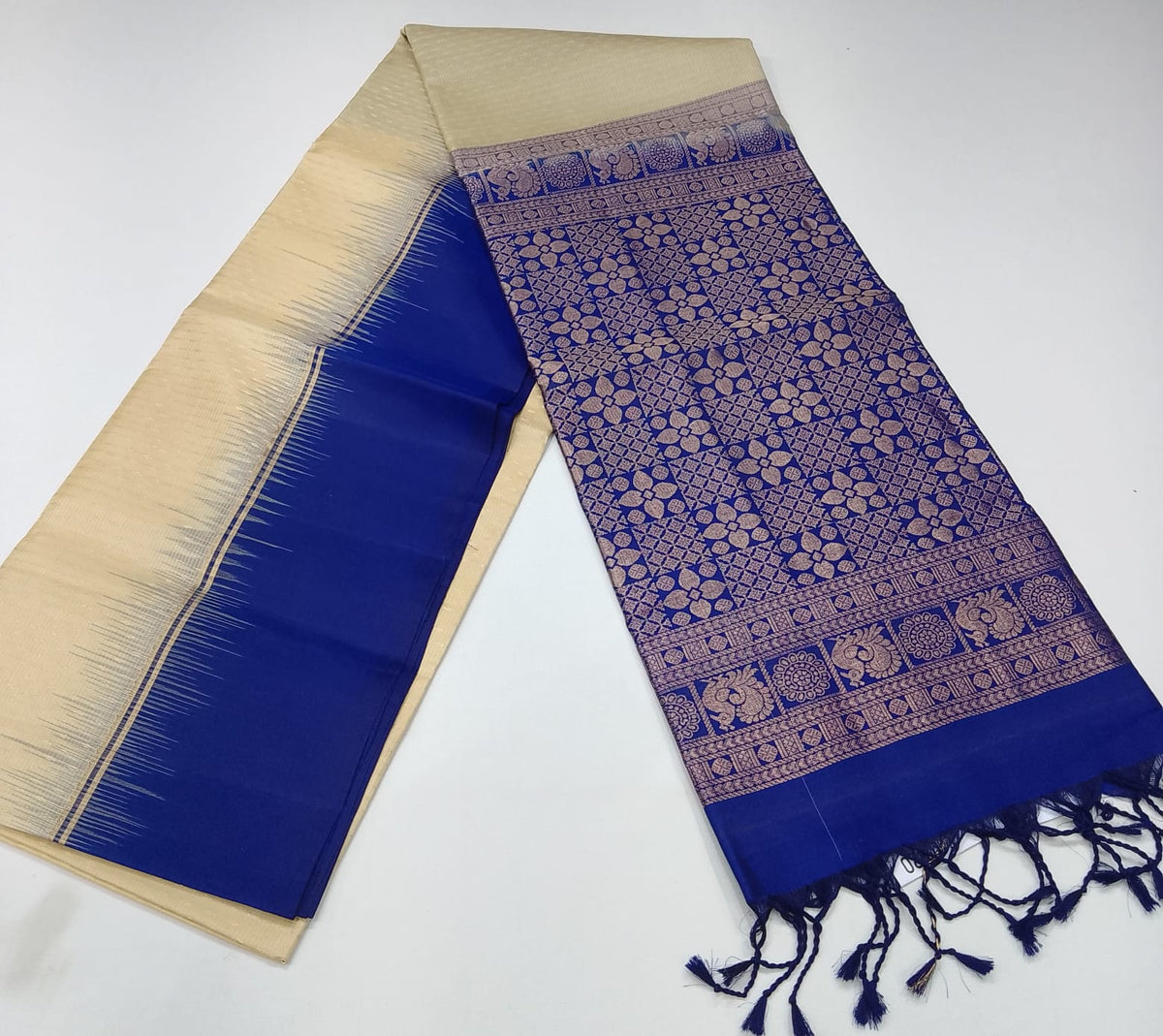 Pure Handloom Soft Silk Saree in Cream Beige with Royal Blue Zari Pallu
