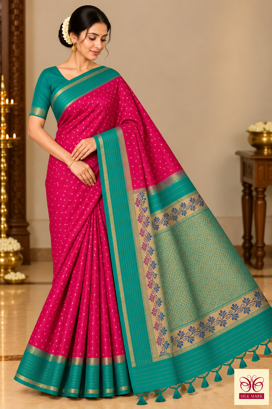 Pure Handloom Soft Silk Saree in Rani Pink with Teal Green Zari Pallu