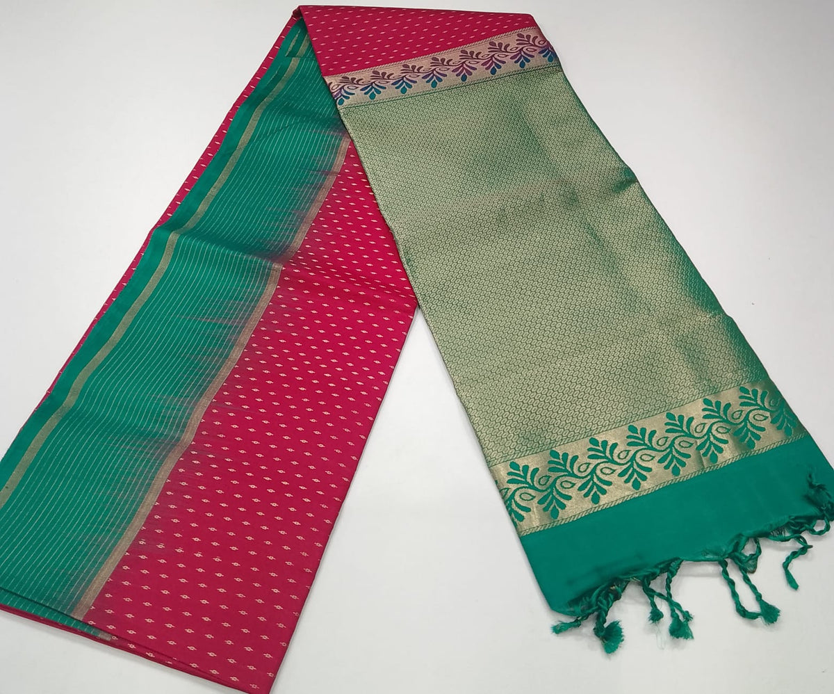 Pure Handloom Soft Silk Saree in Rani Pink with Teal Green Zari Pallu