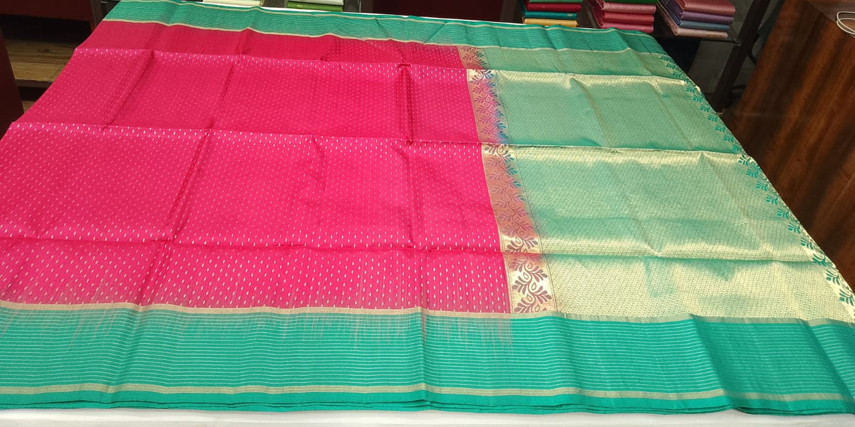Pure Handloom Soft Silk Saree in Rani Pink with Teal Green Zari Pallu
