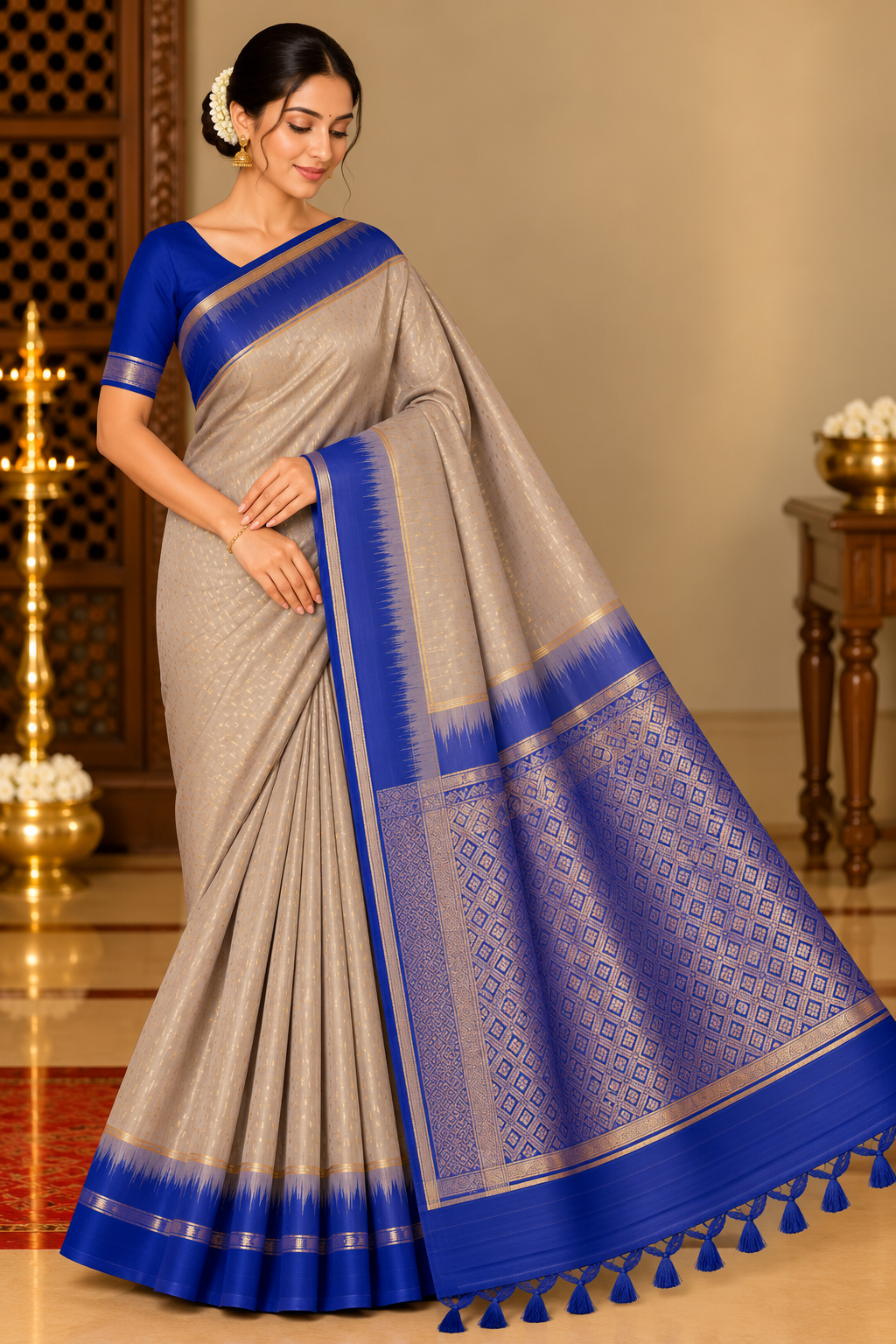 Pure Handloom Soft Silk Saree in Champagne Beige with Royal Blue Zari Pallu