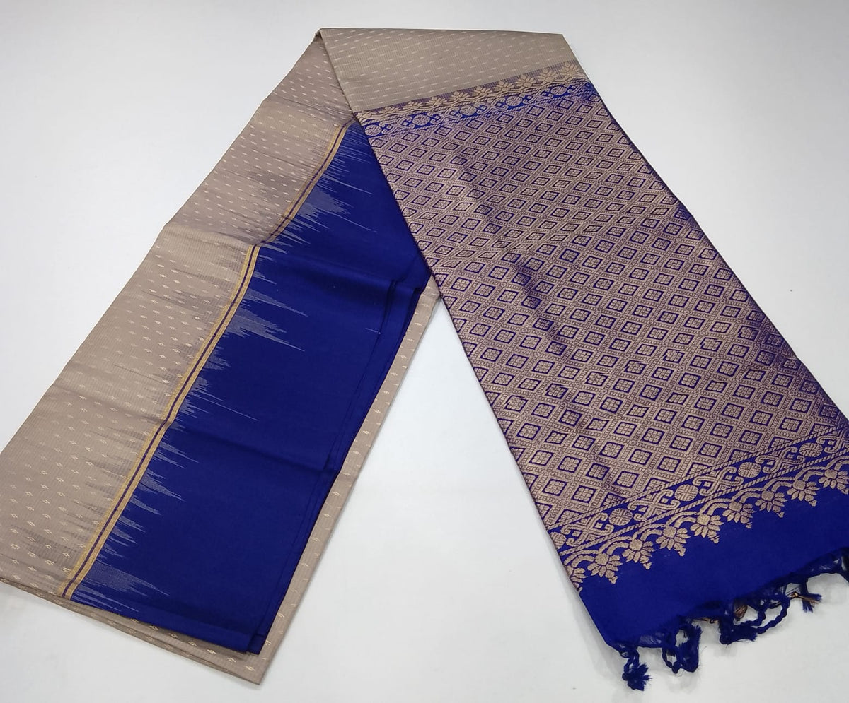 Pure Handloom Soft Silk Saree in Champagne Beige with Royal Blue Zari Pallu