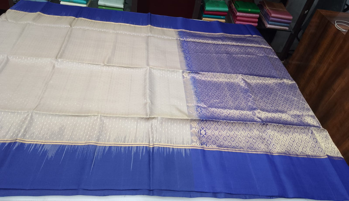 Pure Handloom Soft Silk Saree in Champagne Beige with Royal Blue Zari Pallu