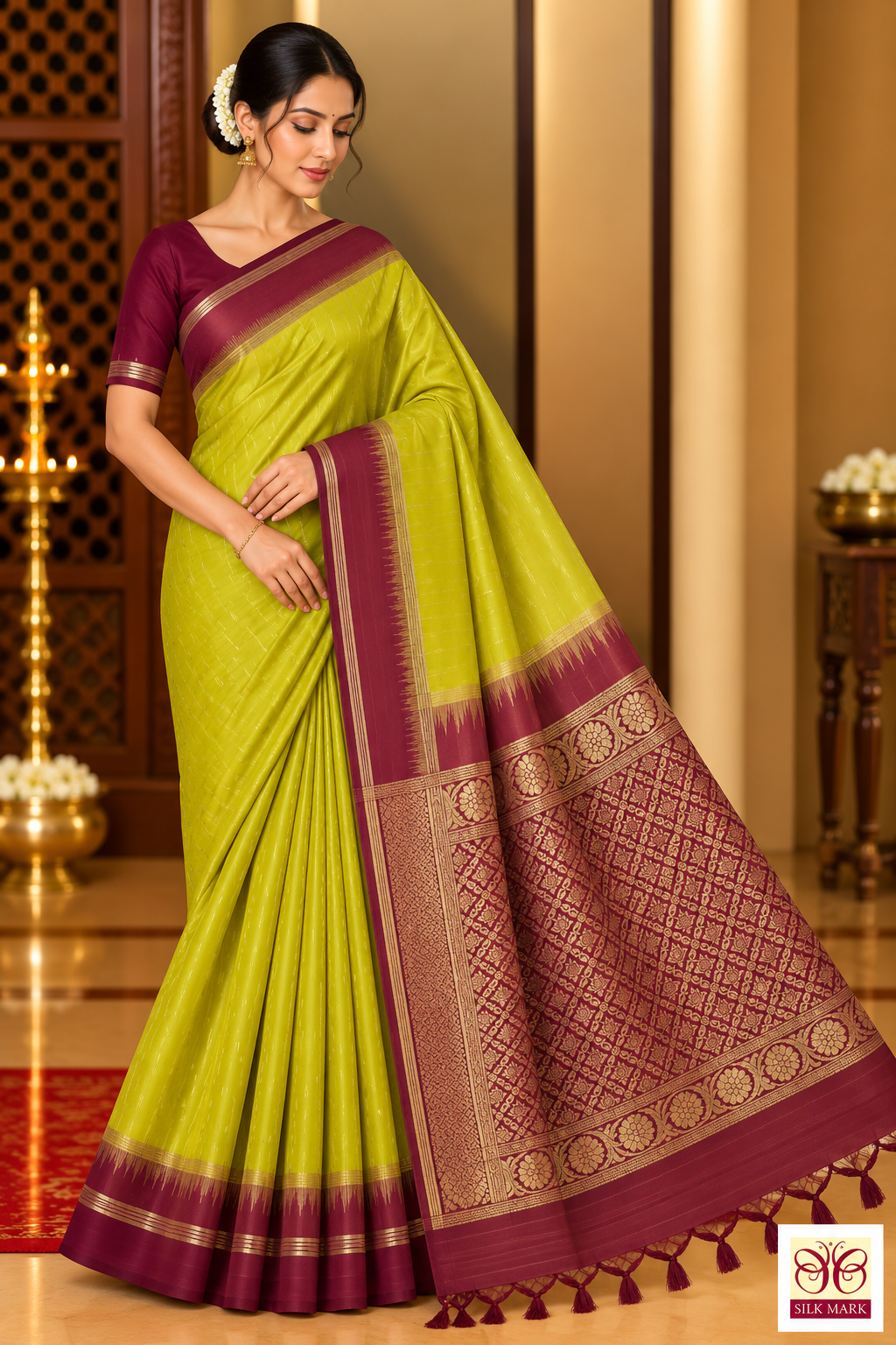 Pure Handloom Soft Silk Saree in Yellow-Green with Wine Maroon Zari Pallu