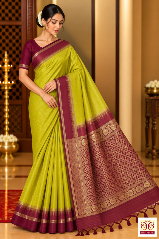 Pure Handloom Soft Silk Saree in Yellow-Green with Wine Maroon Zari Pallu