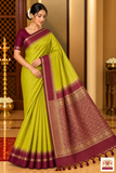 Pure Handloom Soft Silk Saree in Yellow-Green with Wine Maroon Zari Pallu