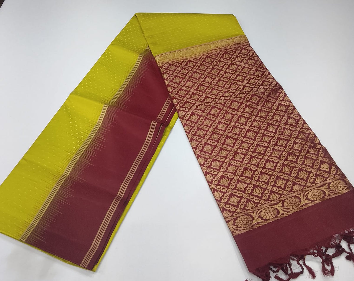 Pure Handloom Soft Silk Saree in Yellow-Green with Wine Maroon Zari Pallu