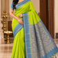 Pure Handloom Soft Silk Saree in Lime Green with Steel Blue Zari Pallu