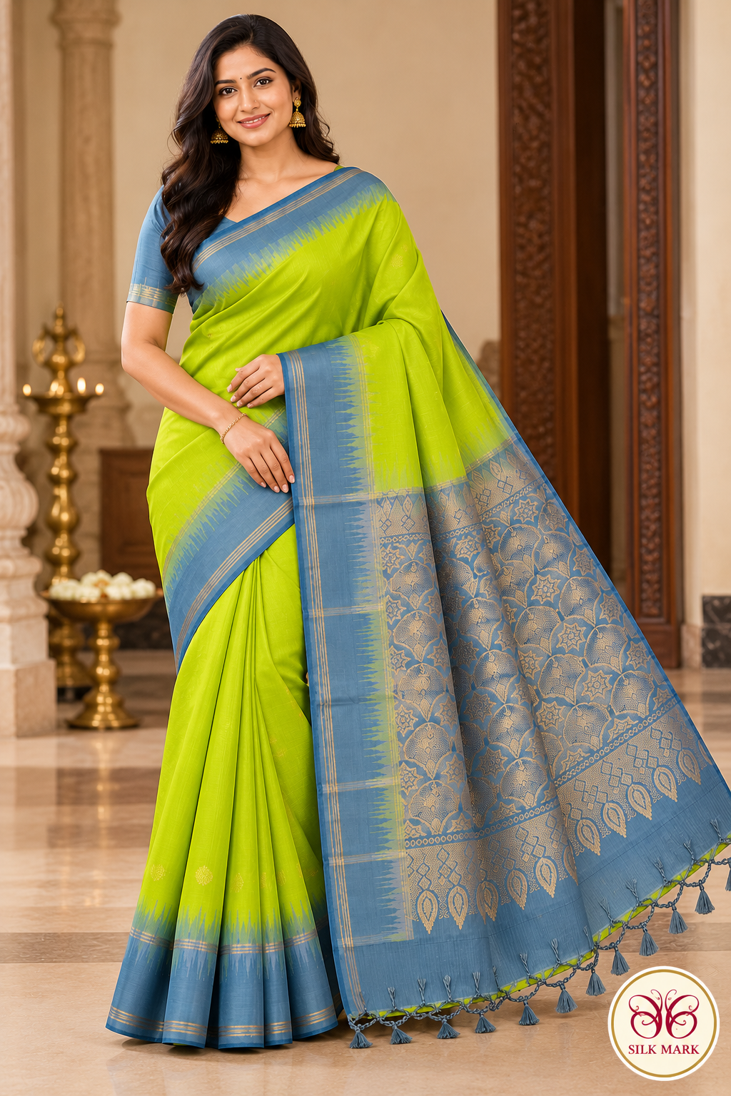 Pure Handloom Soft Silk Saree in Lime Green with Steel Blue Zari Pallu