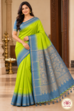Pure Handloom Soft Silk Saree in Lime Green with Steel Blue Zari Pallu