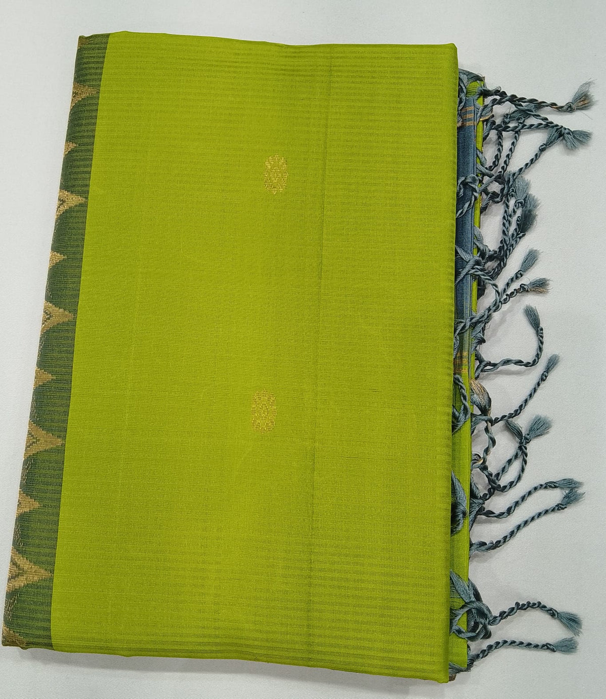 Pure Handloom Soft Silk Saree in Lime Green with Steel Blue Zari Pallu