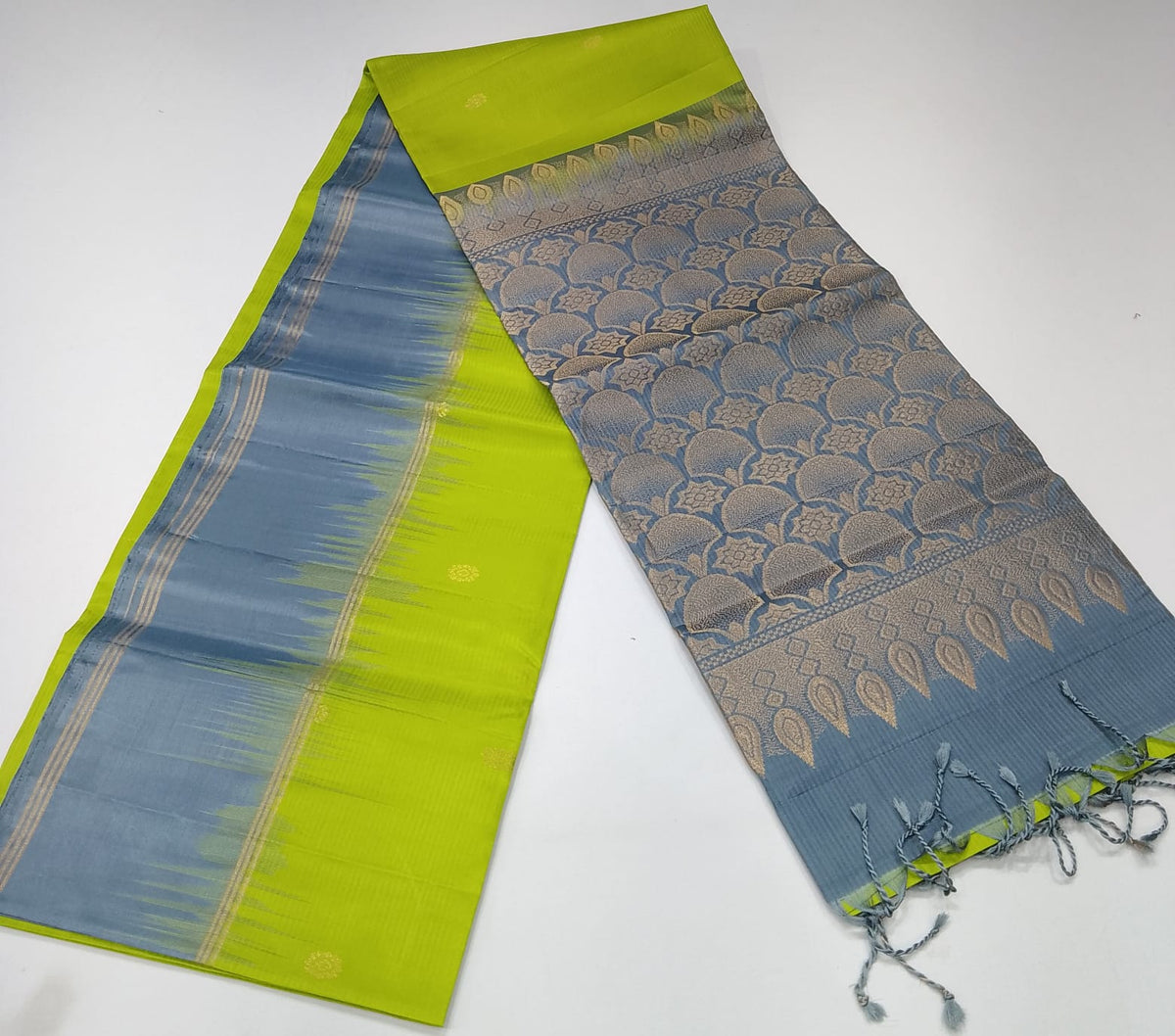 Pure Handloom Soft Silk Saree in Lime Green with Steel Blue Zari Pallu