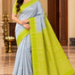 Pure Handloom Soft Silk Saree – Silver Grey and Lime Green with Gold Zari