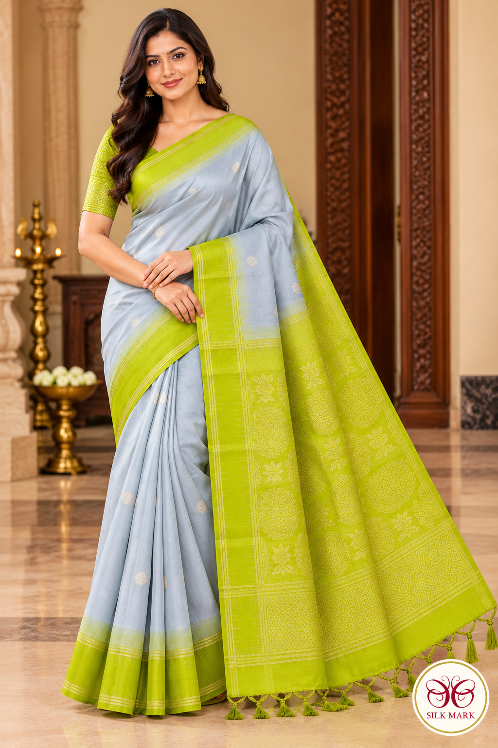 Pure Handloom Soft Silk Saree – Silver Grey and Lime Green with Gold Zari