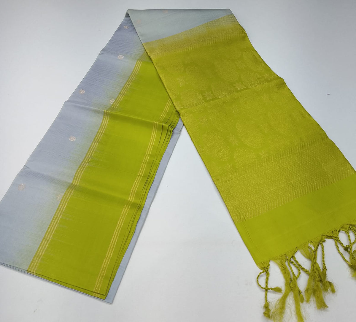 Pure Handloom Soft Silk Saree – Silver Grey and Lime Green with Gold Zari