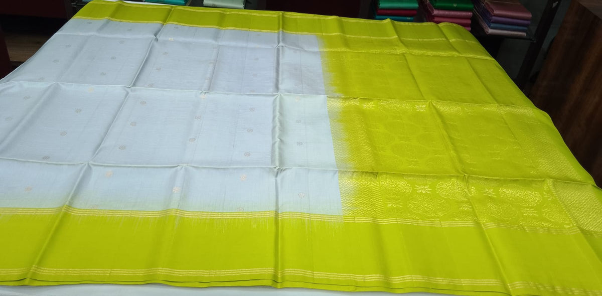 Pure Handloom Soft Silk Saree – Silver Grey and Lime Green with Gold Zari