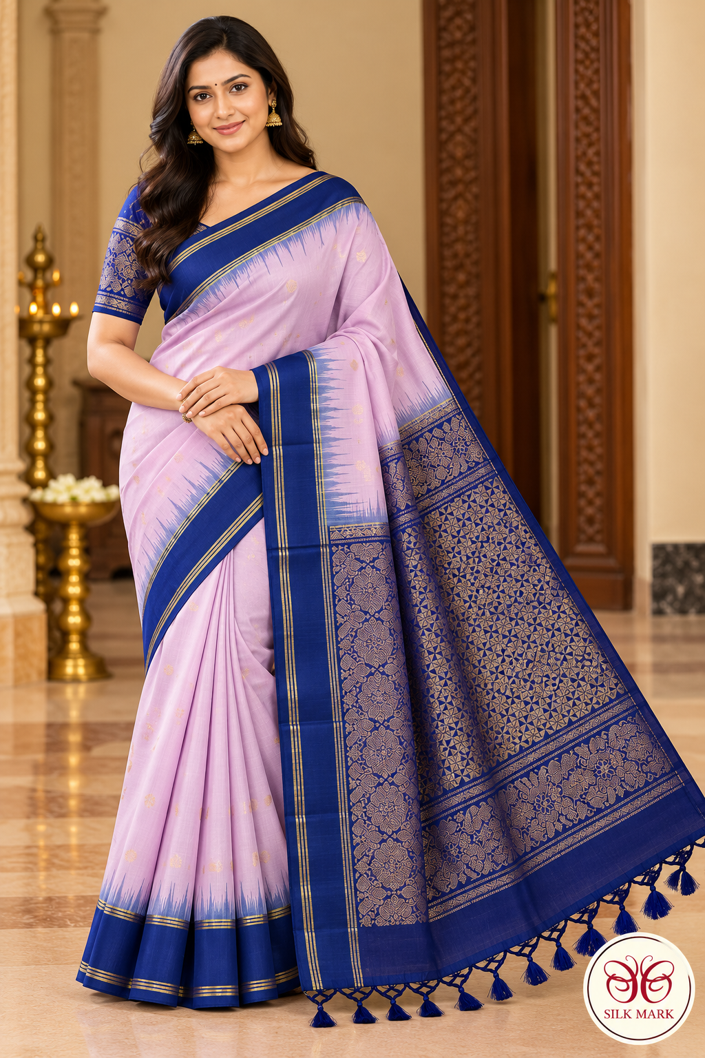 Pure Handloom Soft Silk Saree – Pastel Pink with Royal Blue Zari Pallu