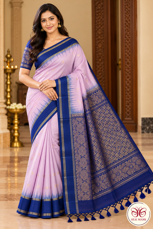 Pure Handloom Soft Silk Saree – Pastel Pink with Royal Blue Zari Pallu