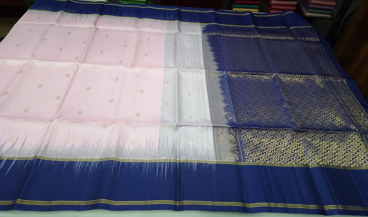 Pure Handloom Soft Silk Saree – Pastel Pink with Royal Blue Zari Pallu
