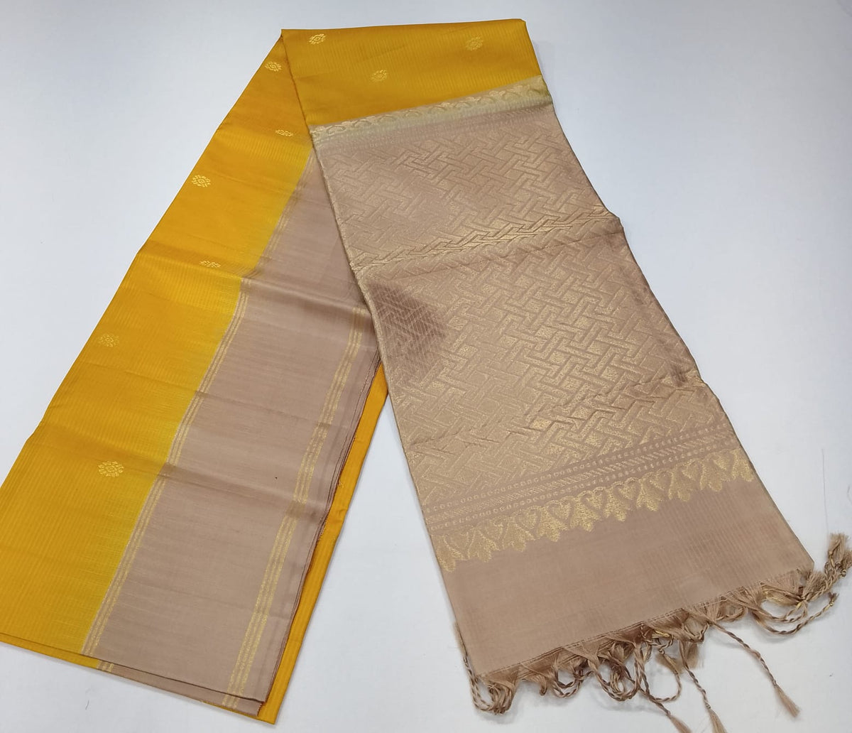 Pure Handloom Soft Silk Saree – Mustard Yellow with Champagne Gold Zari Pallu