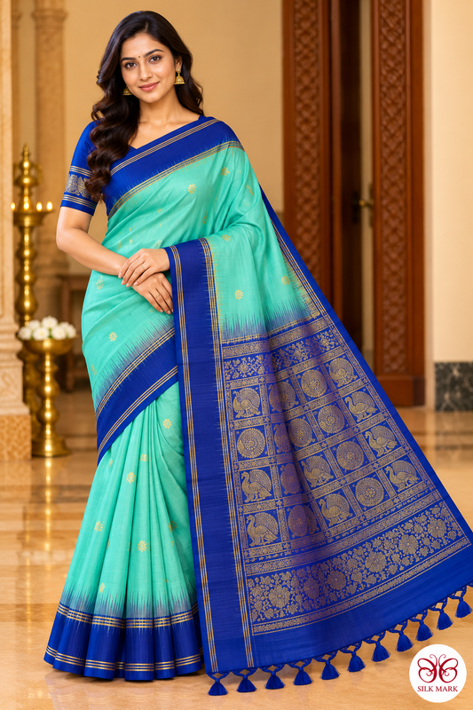 Pure Handloom Soft Silk Saree – Sea Green with Royal Blue Zari Pallu