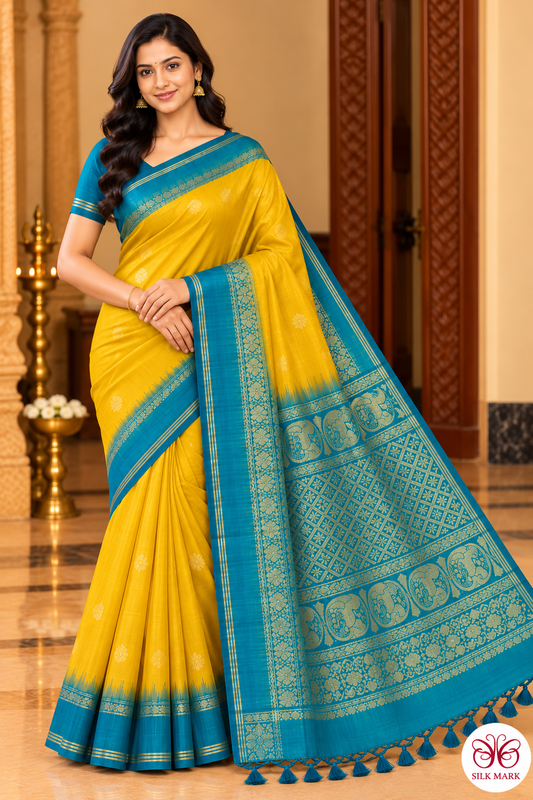 Pure Handloom Soft Silk Saree – Mustard Yellow with Teal Blue Zari Pallu