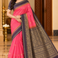 Pure Handloom Soft Silk Saree in Coral Pink with Charcoal Black Zari Pallu
