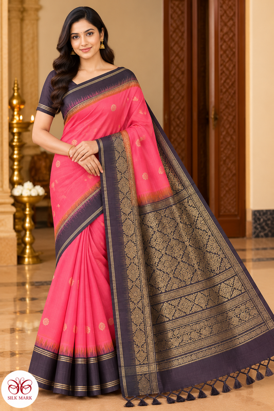 Pure Handloom Soft Silk Saree in Coral Pink with Charcoal Black Zari Pallu