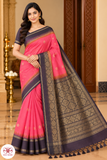 Pure Handloom Soft Silk Saree in Coral Pink with Charcoal Black Zari Pallu
