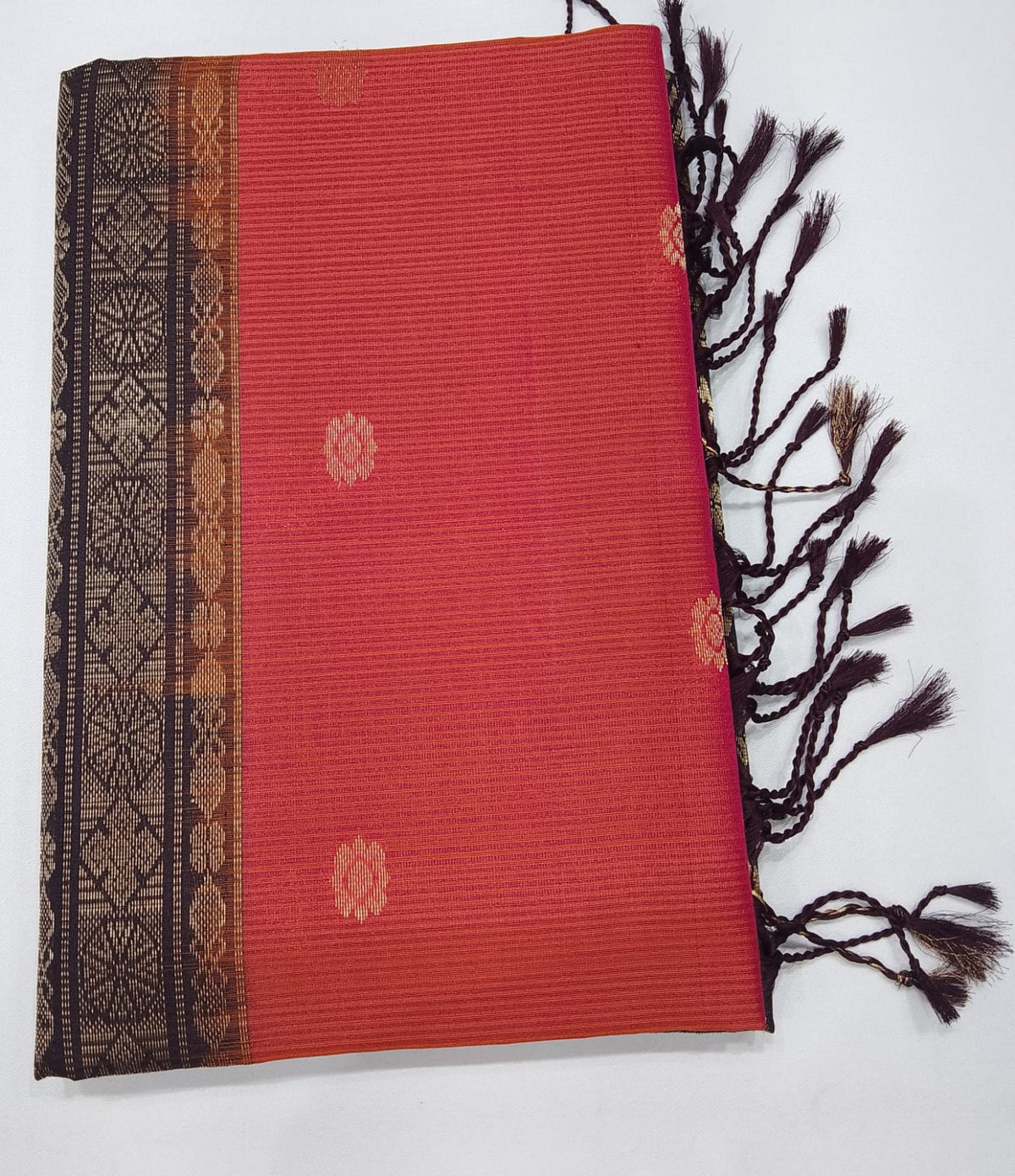 Pure Handloom Soft Silk Saree in Coral Pink with Charcoal Black Zari Pallu
