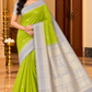 Pure Handloom Soft Silk Lime Green Saree with Silver-Grey Floral Zari Pallu