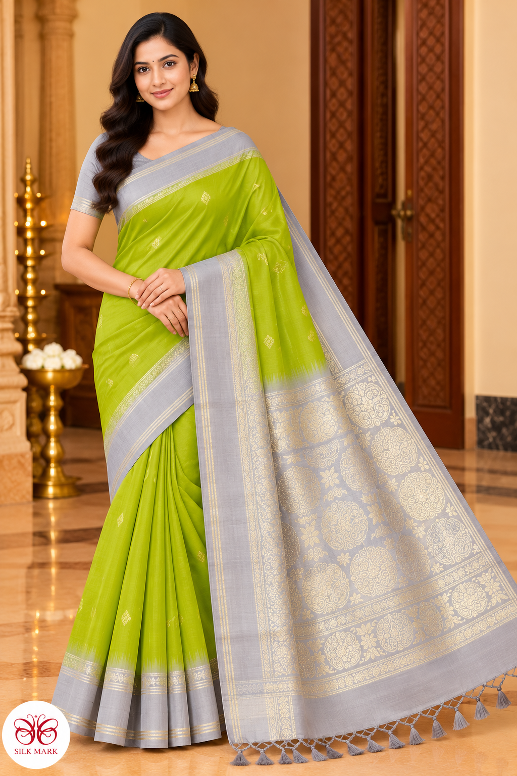 Pure Handloom Soft Silk Lime Green Saree with Silver-Grey Floral Zari Pallu