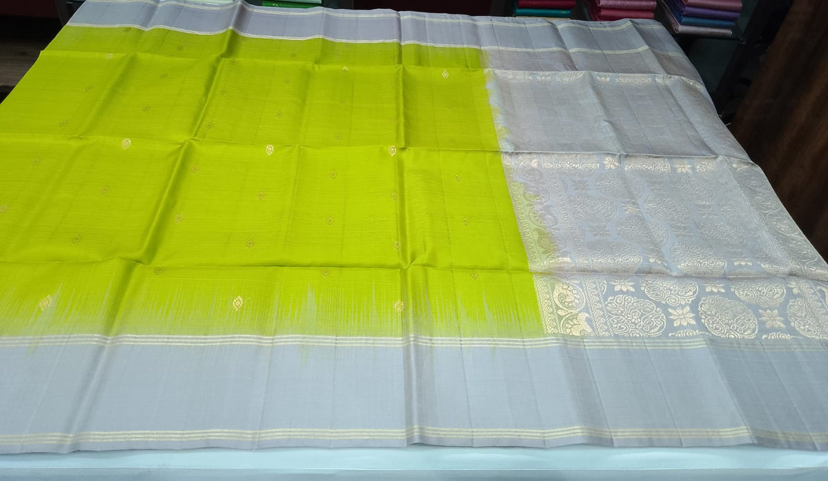 Pure Handloom Soft Silk Lime Green Saree with Silver-Grey Floral Zari Pallu