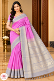 Pure Handloom Soft Silk Rani Pink Saree with Silver-Grey Floral Zari Pallu