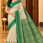 Pure Handloom Soft Silk Cream Saree with Emerald Green Zari Border & Rich Pallu