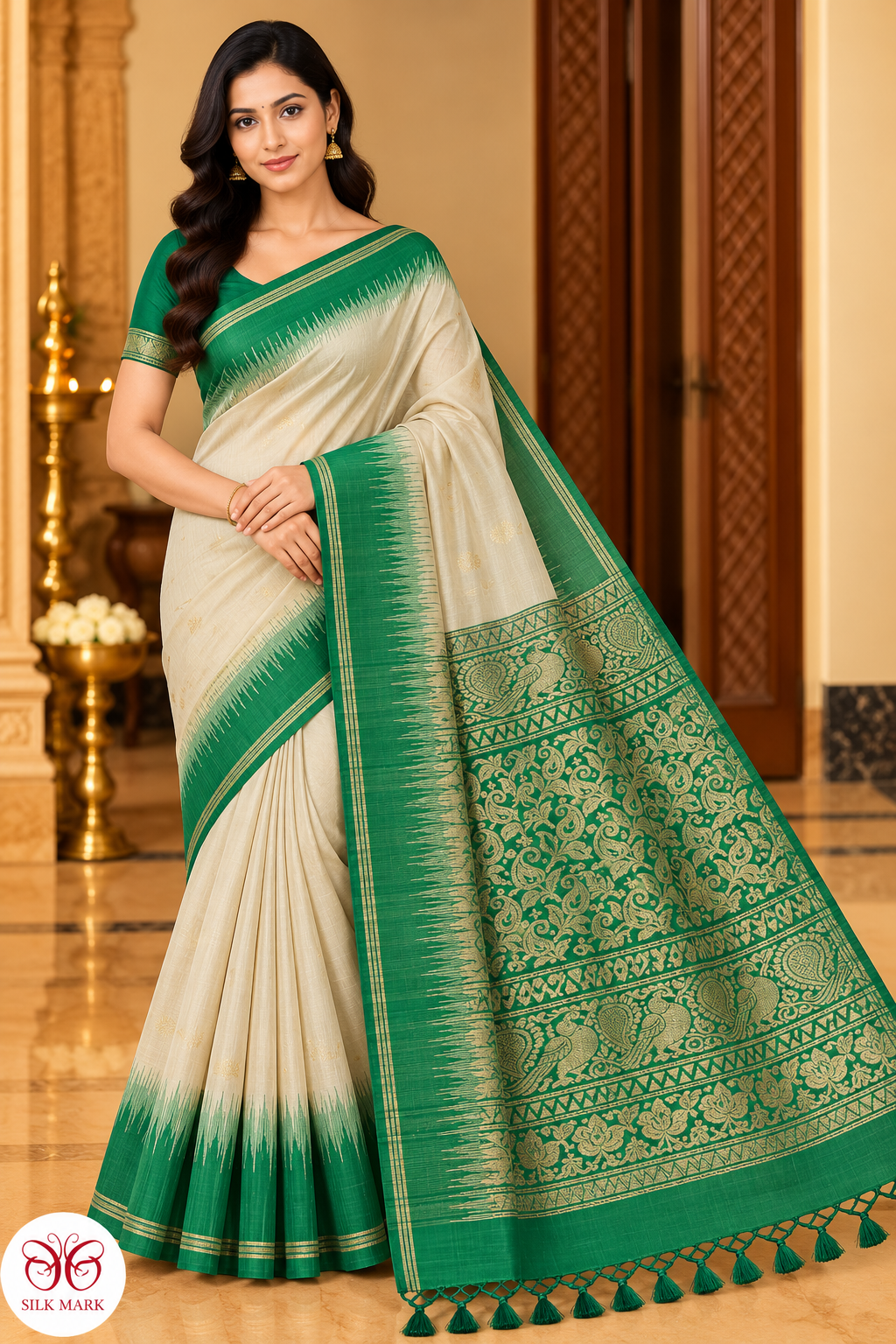 Pure Handloom Soft Silk Cream Saree with Emerald Green Zari Border & Rich Pallu