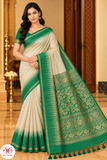 Pure Handloom Soft Silk Cream Saree with Emerald Green Zari Border & Rich Pallu