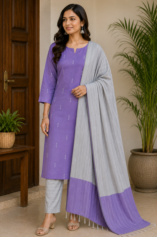 Premium Lavender Cotton Silk Unstitched Salwar Suit with Striped Dupatta