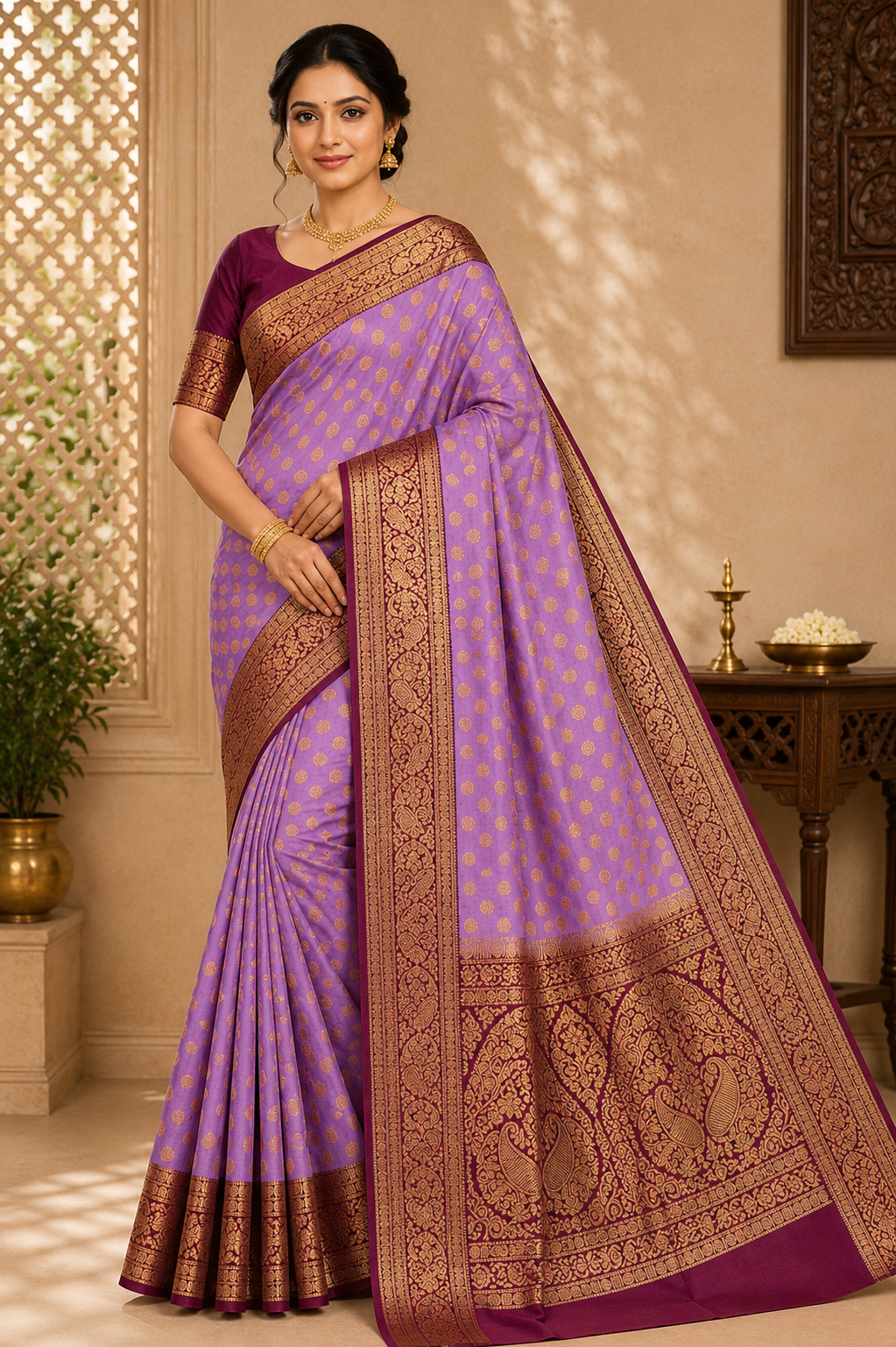 Semi Silk Butta Saree – Lavender Purple with Wine Purple Rich Zari Border & Grand Pallu