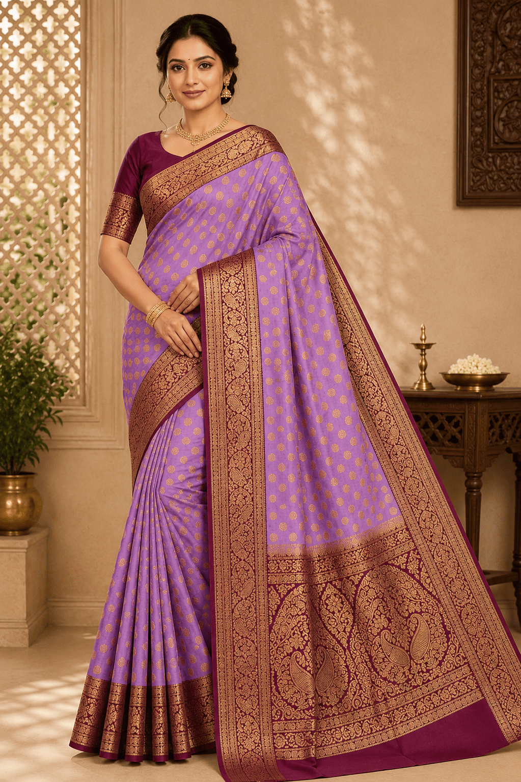 Semi Silk Butta Saree – Lavender Purple with Wine Purple Rich Zari Border & Grand Pallu