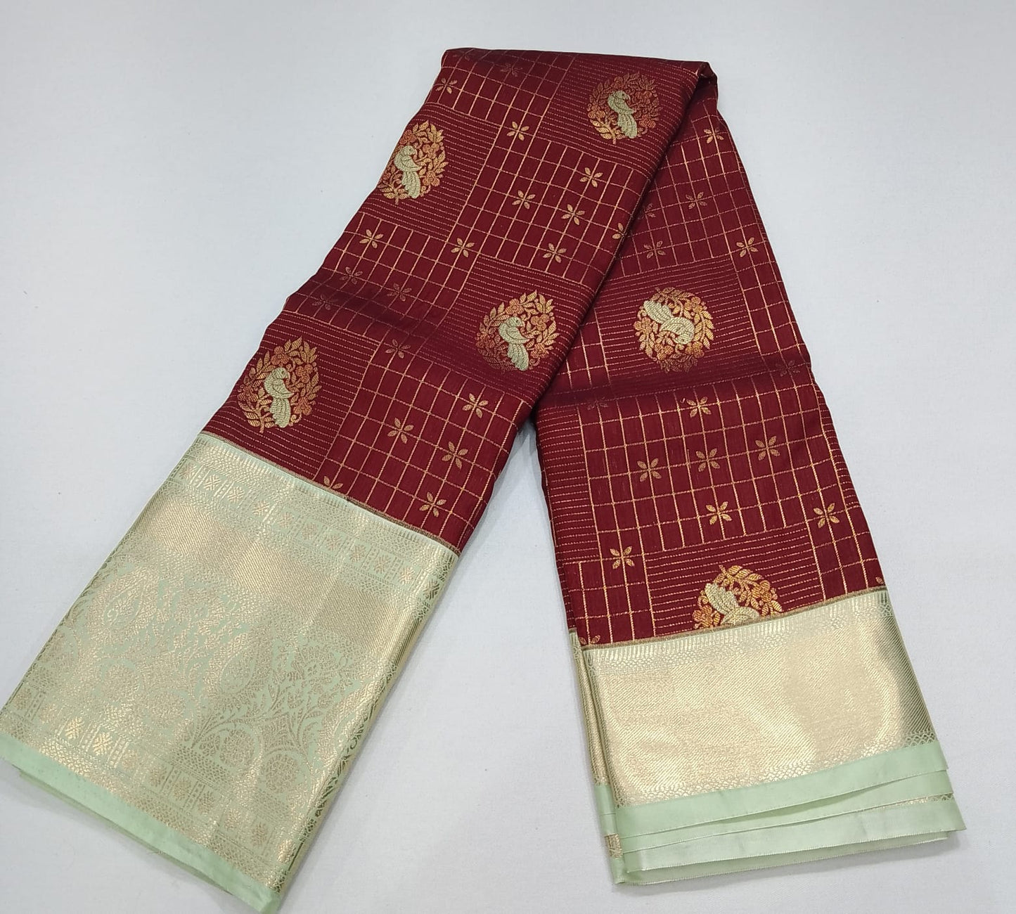 Kanjivaram Bridal Saree –Deep Maroon with Mint Green Rich Zari Border & Grand Pallu