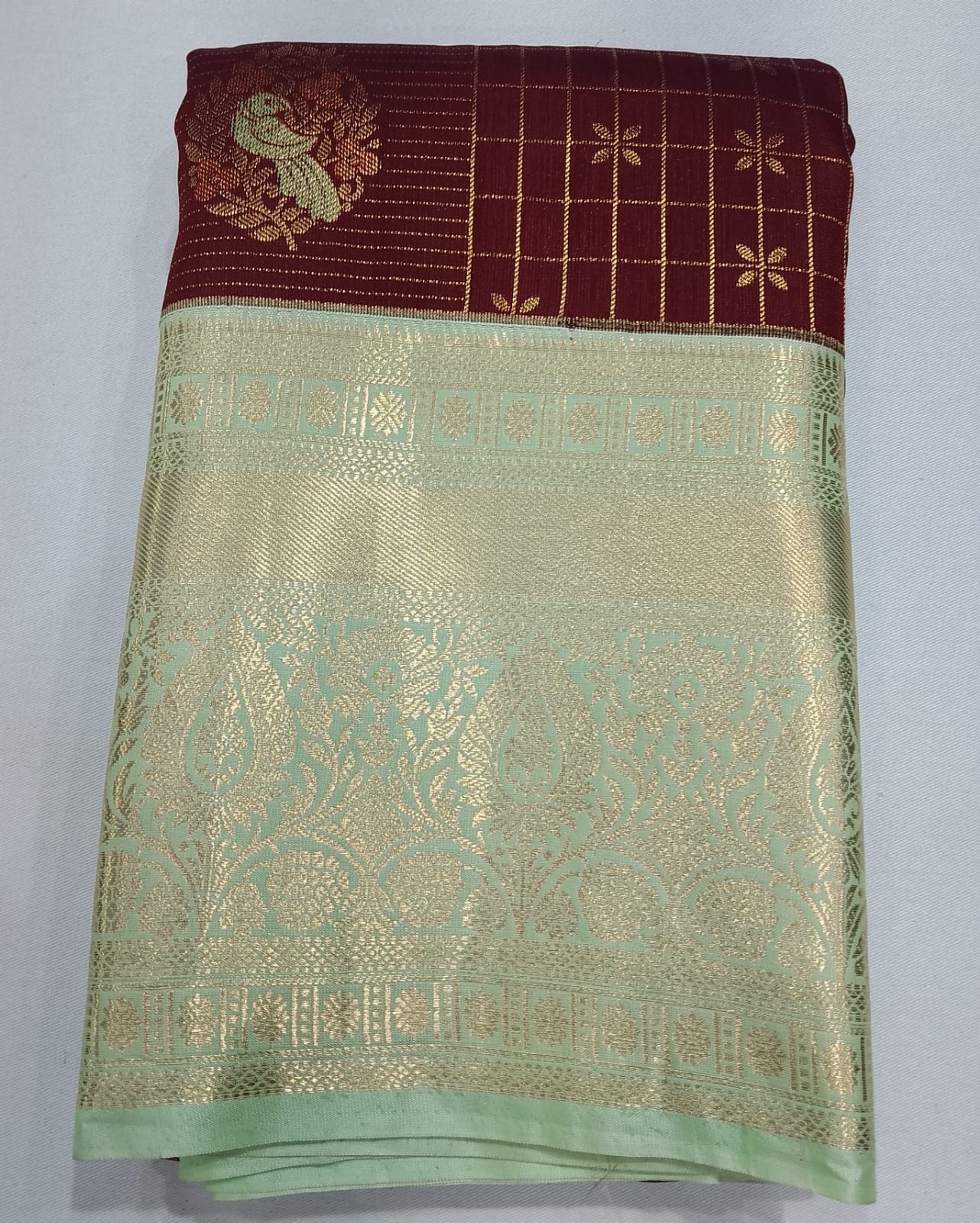 Kanjivaram Bridal Saree –Deep Maroon with Mint Green Rich Zari Border & Grand Pallu