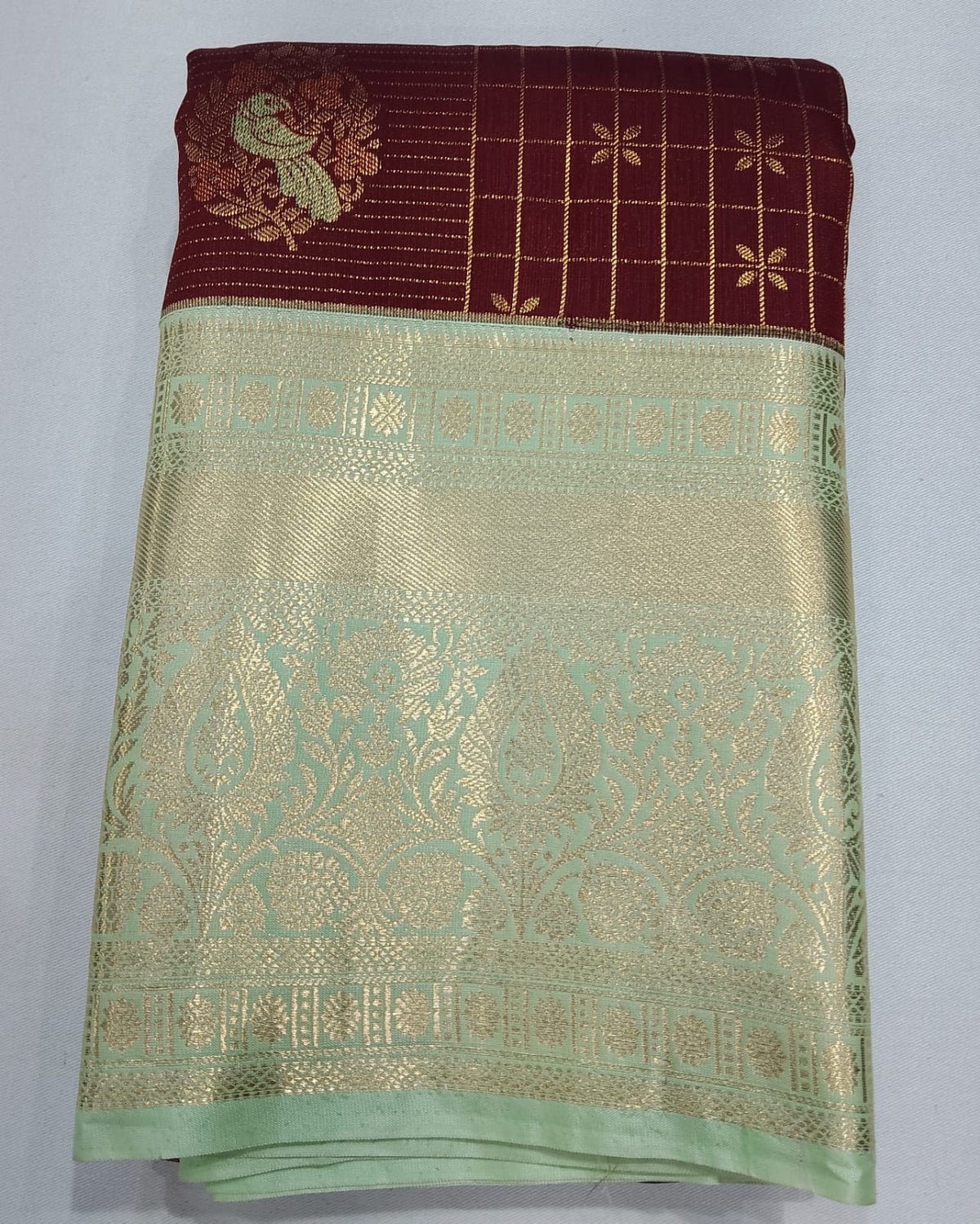 Kanjivaram Bridal Saree –Deep Maroon with Mint Green Rich Zari Border & Grand Pallu