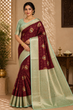 Kanjivaram Bridal Saree –Deep Maroon with Mint Green Rich Zari Border & Grand Pallu