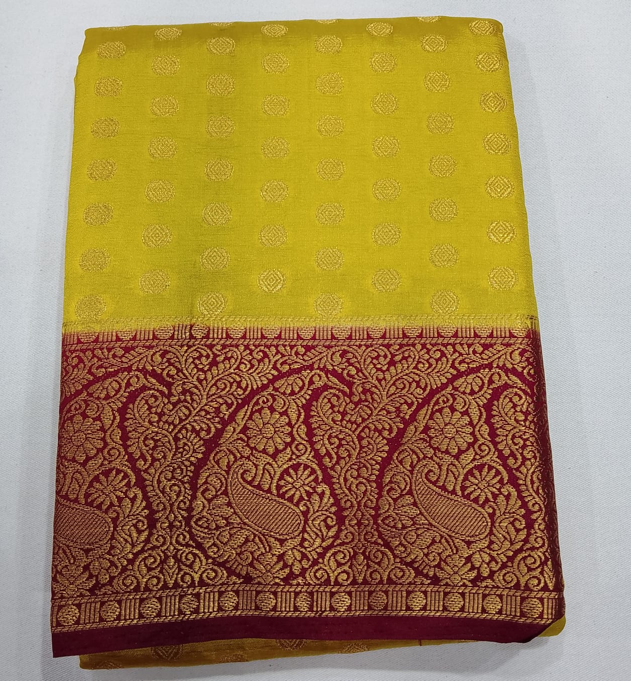 Semi Silk Butta Saree – Mustard Yellow with Wine Purple Rich Zari Border & Grand Pallu